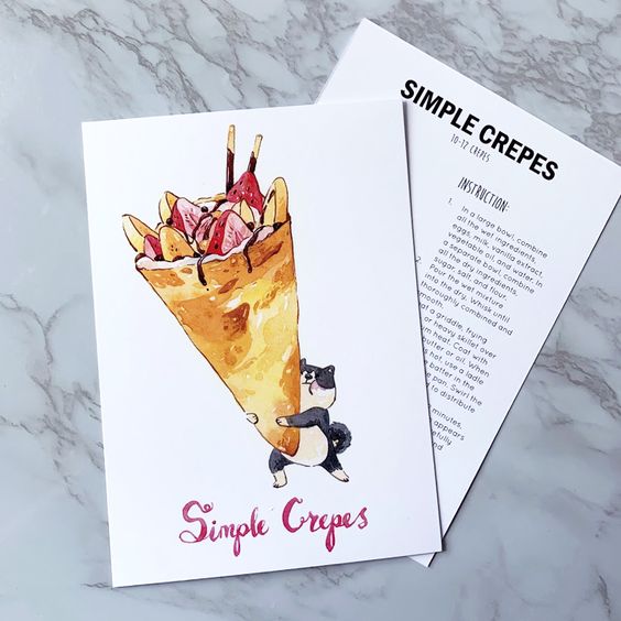 Illustrated Recipe Cards - A kawaii selection of animal and Asian food watercolor illustration. Dog with fruit pancake, PenelopeLovePrints via Etsy  